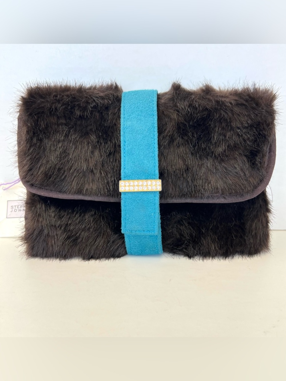 STEPHANIE JOHNSON Brown Faux Fur Vintage Travel Roll Cosmetic Jewelry Makeup Bag